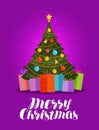 Merry Christmas, greeting card. Decorated xmas tree and gifts. Vector illustration Royalty Free Stock Photo