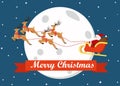 Merry christmas greeting card decoration with cute cartoon Santa Claus flying on a sleigh with reindeers Royalty Free Stock Photo