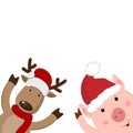 Merry Christmas greeting card with deer, piglet year pig. Cute animal holiday cartoon character Royalty Free Stock Photo