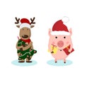 Merry Christmas greeting card with deer, piglet year pig. Cute animal holiday cartoon character Royalty Free Stock Photo