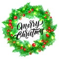 Merry Christmas greeting card design calligraphy lettering on holly wreath background. Vector Xmas lights decoration and font Royalty Free Stock Photo