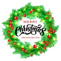 Merry Christmas greeting card design with calligraphy lettering on holly wreath background. Vector Xmas lights decoration Royalty Free Stock Photo