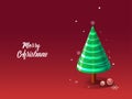 Merry Christmas greeting card design with 3d decorative Xmas tree, baubles and snowflakes.