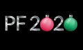 Merry Christmas greeting card design. PF 2020 silver text with zero made from realistic green and red glass christmas Royalty Free Stock Photo