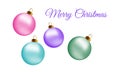 Merry Christmas greeting card design with realistic pink blue volet and green glass christmas balls, 3d Baubles. Vector Royalty Free Stock Photo