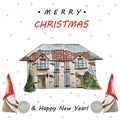 Merry Christmas greeting card design of town house covered with snow gnomes make snow near the house. Watercolor Royalty Free Stock Photo