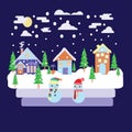 Merry Christmas greeting card design with Winter country night l