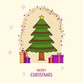 Merry Christmas Greeting Card With Doodle Xmas Tree, Gift Boxes On Beige And White