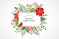 Merry Christmas greeting card in elegant, modern and classic style with leaves, flowers and bird