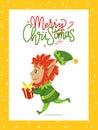 Merry Christmas, Greeting Card, Elf Carry Box Royalty Free Stock Photo