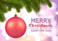 Merry Christmas greeting card. Festive background. Christmas red ball with glitters on the background of lights Royalty Free Stock Photo