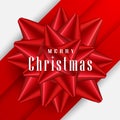 Merry Christmas greeting card. Festive background with red bow. Vector illustration 3D. Holiday background realistic style. Royalty Free Stock Photo