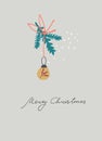 Merry Christmas greeting card with fir tree branch, bauble ornament, snowflakes, hand lettering on beige background Royalty Free Stock Photo