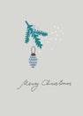 Merry Christmas greeting card with fir tree branch, bauble ornament, snowflakes, hand lettering on beige background Royalty Free Stock Photo