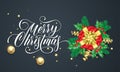 Merry Christmas greeting card of gift in golden ribbon bow on black background. Vector calligraphy wish lettering and New Year hol