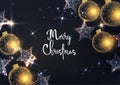 Merry Christmas greeting card with glow golden baubles and white stars and text on black background. Royalty Free Stock Photo