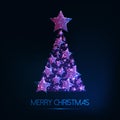 Merry Christmas greeting card with glowi low poly Christmas tree made of shiny stars Royalty Free Stock Photo