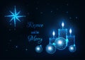 Merry Christmas greeting card with glowing low poly candles, decorative baubles, Bethlehem star Royalty Free Stock Photo