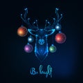 Merry Christmas greeting card with glowing low polygonal deer head and hanging decorative balls and text Be Bright