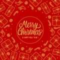 Merry Christmas Greeting Card With Gold Lettering Inscription. Hand Drawn Gift Box And Santa Sock, Candy Cane On Red Background.
