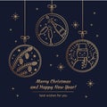 Merry Christmas Greeting Card with Gold Line Art Icons of Pine Cones, Champagne Bottle and Glasses, Snowman on a navy Royalty Free Stock Photo