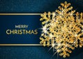 Merry Christmas greeting card. Gold snowflake and glitter on Dark blue background. Merry Christmas phrase. Vector Royalty Free Stock Photo