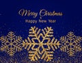 Merry Christmas greeting card. Gold snowflakes and glitter on Dark blue background. Merry Christmas and Happy New Year Royalty Free Stock Photo