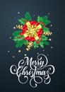 Merry Christmas greeting card of golden decoration and gold gift ribbon bow on glittering confetti black background. Vector Christ Royalty Free Stock Photo