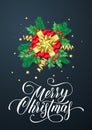 Merry Christmas greeting card of golden decoration and gold gift ribbon bow on glittering confetti black background. Vector Christ Royalty Free Stock Photo