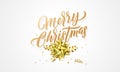 Merry Christmas greeting card golden glittering hand drawn calligraphy text and golden decoration background design template Royalty Free Stock Photo