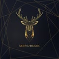 Merry Christmas greeting card with golden low polygonal deer head with antlers and text on black. Royalty Free Stock Photo