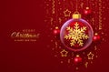 Merry christmas greeting card. Golden shining 3D snowflake in a glass bauble. Christmas red background with hanging gold stars and Royalty Free Stock Photo