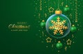 Merry christmas greeting card. Golden shining 3D snowflake in a glass bauble. Christmas green background with hanging gold stars Royalty Free Stock Photo