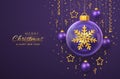 Merry christmas greeting card. Golden shining 3D snowflake in a glass bauble. Christmas purple background with hanging gold stars Royalty Free Stock Photo