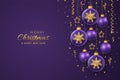 Merry christmas greeting card. Golden shining 3D snowflakes in a glass bauble. Christmas purple background with hanging gold stars Royalty Free Stock Photo