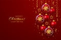 Merry christmas greeting card. Golden shining 3D snowflakes in a glass bauble. Christmas red background with hanging gold stars Royalty Free Stock Photo