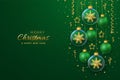 Merry christmas greeting card. Golden shining 3D snowflakes in a glass bauble. Christmas green background with hanging gold stars Royalty Free Stock Photo