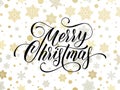 Merry Christmas greeting card of golden snowflakes and gold glittering stars pattern on premium background. Vector Christmas or Ne