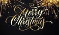 Merry Christmas greeting card and golden wish calligraphy lettering on sparkler glittering fireworks or gold glitter confetti. Vec