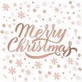 Merry Christmas greeting card. Hand drawn lettering. Rose gold Holidays pattern with snowflakes and dots. Christmas party Royalty Free Stock Photo