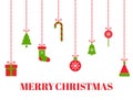 Merry Christmas greeting card with hanging christmas toys, tree, gift boxes, snowflakes, xmas balls, santa hat, bell