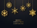 Merry Christmas Greeting Card With Hanging Glitter Snowflakes. Bright Gold Baubles On Black Background. Luxury Holiday