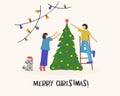 Merry Christmas greeting card. Happy couples, young men and women decorating the Christmas tree. Vector illustration for flyer,