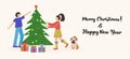 Merry Christmas greeting card. Happy couples, young men and women decorating the Christmas tree. Vector illustration for flyer,