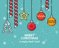 Merry Christmas greeting card with christmas ornaments. Happy New year wishes. Poster in flat line modern style.