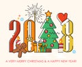 Merry Christmas greeting card 2018. Happy New year wishes. Poster in flat line modern style.