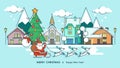 Merry Christmas greeting card winter city and Santa. Happy New year wishes. Poster in flat line modern style.