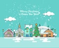 Merry Christmas greeting card with winter city. Happy New year wishes. Poster in flat line modern style.