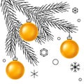 Merry Christmas greeting card. Holiday illustration of gold glass balls on tree in linear style.