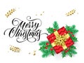 Merry Christmas greeting card of holy and fir tree wreath and gift in golden ribbon bow on snow white background. Vector calligrap Royalty Free Stock Photo